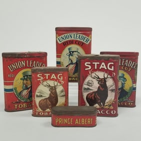6 vintage advertising tobacco pocket tins incl 3 Union Leader, Rare 1" Albert & 2 stag- 4 1/2"H 3