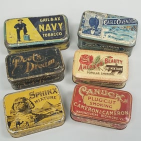 6 vintage advertising tobacco tins incl Gail & Ax, Eagle Cavendish, Poets Dream, American Beauty,