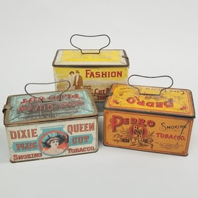 3 vintage lunch box advertising pails incl Fashion Cut Plug, Dixie Queen Plug Cut & Pedro Cut Plug-