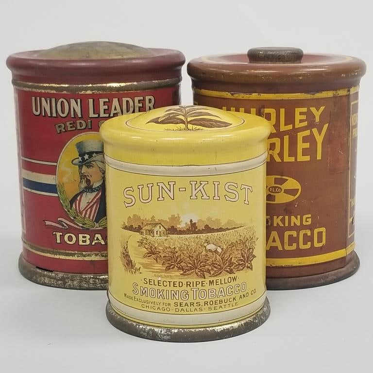 3 vintage tobacco advertising cans: Sun-Kist, Union Leader & Hurley Burley- 6 1/2"H 5"W largest: 3 vintage tobacco advertising cans: Sun-Kist, Union Leader & Hurley Burley- 6 1/2"H 5"W largest