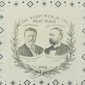 1904 Theodore Roosevelt/ Charles Fairbanks presidential bandana: framed 17"H 23 1/2"D O.D.; approx.