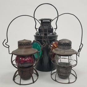 3 railroad lamps: The Ad Lake- 14 1/2"H, 1925 Armspear GNRY- 9 1/2"H & Dressel NP red globe- 9 1/2"H