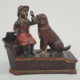 Antique cast iron Speaking Dog mechanical bank 7"H 7 1/2"L 3"W