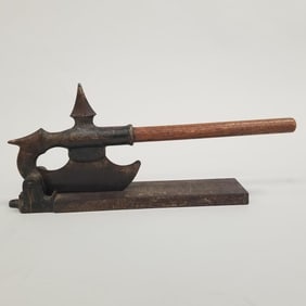 Rogers Iron Co. early tobacco cutter with medieval style axe handle 18"L