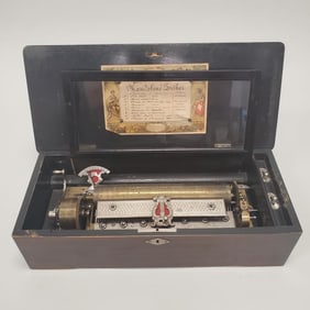 10-tune inlaid Swiss music box with tune card (working) 5"H 20"L 8"D