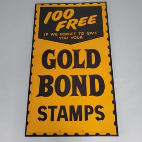 Gold Bond Stamps metal sign on wood frame 56 1/4"H 32 1/4"W