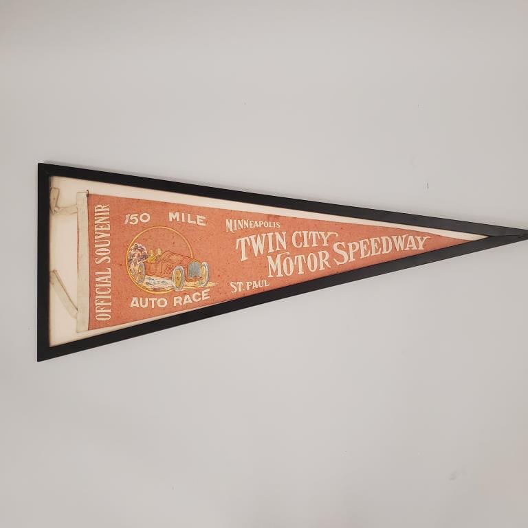 Rare Minneapolis/ St. Paul Twin City Motor Speedway 150 mile auto race pennant- framed 16 1/2"H 42 (1 of 5)