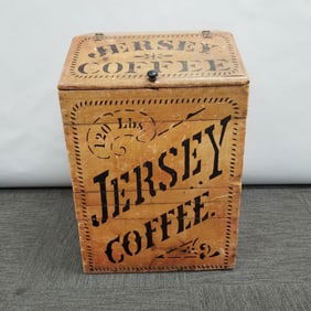 Jersey Coffee 120 lbs advertising wooden flip-top box with stenciling- 31 3/4"H 21 1/2"W 19 1/4"D