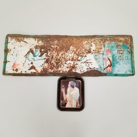 Coca Cola fish tale metal advertising sign (as seen) 17 1/2"H 53 3/4"W & a reproduction tray
