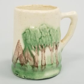 Rare Sleepy Eye mug with trees & tepees: 4 5/8"H 4 3/4"W