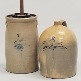 4-gallon Red Wing salt glaze churn w/ lid & dasher - 1880's- 15 1/2"H & 3-gallon salt glaze jug-