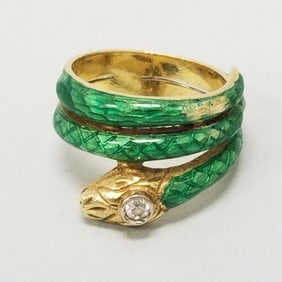 18K gold, diamond & enamel snake ring: approx 2.5mm diamond, 6 grams, size 3.5 (as seen- some enamel
