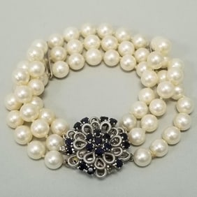 3-strand 7mm pearl bracelet with 14K white gold & sapphire clasp: 43.7 grams total, 7 1/4"L (missing