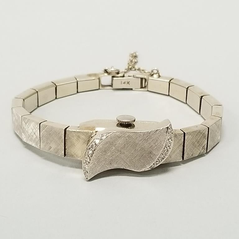 14K white gold & diamond flip-top Geneva watch: 23.5 grams total incl movement, 5 1/2" interior (1 of 10)