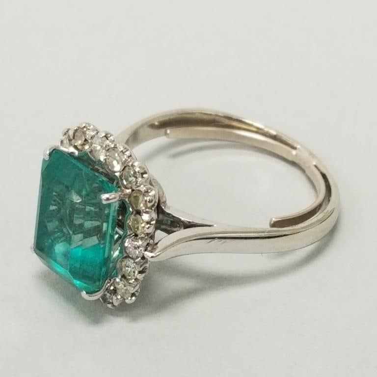 Tested 14K white gold ring set with green stone & diamond halo: 4.9 grams, size 6 (1 of 9)