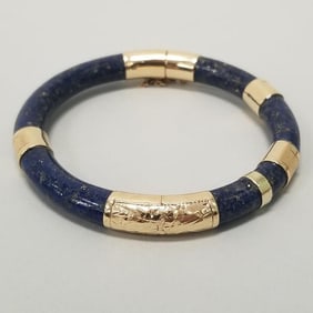 Vintage 14K gold & lapis hinged bracelet: 7" interior circumference