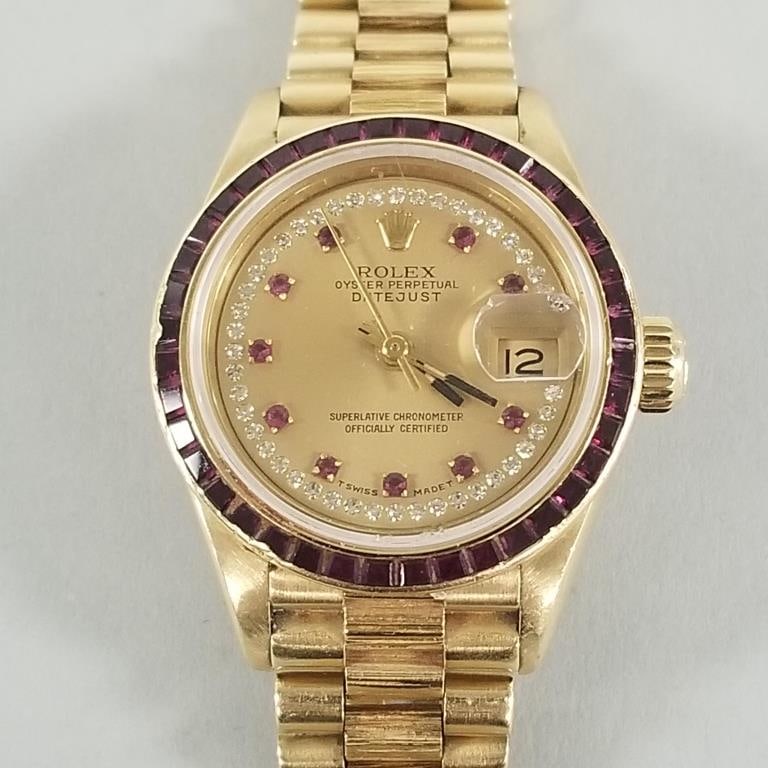 Rolex 18K gold Oyster Perpetual Datejust ladies wristwatch w/ diamond & ruby accents 75.6 g total (1 of 16)