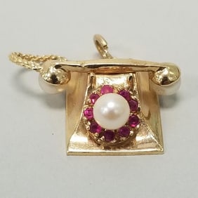 Vintage 14K gold, ruby & pearl telephone charm pendant: 6.4 grams, 3/8"H 1" x 1 1/8"