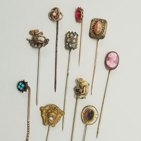 10 antique stick pins incl. figural, art glass, etc- 2 3/4" longest
