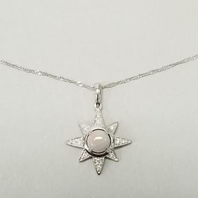 14K white gold pendant necklace set with opal & diamonds: 1.7 grams, chain 18"L, pendant 7/8"L total