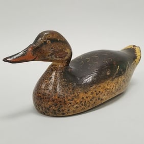 Antique Evans Wisconsin painted duck decoy: stamped F.K. Dunn (as seen- finish, tail chip) 7 1/2"H