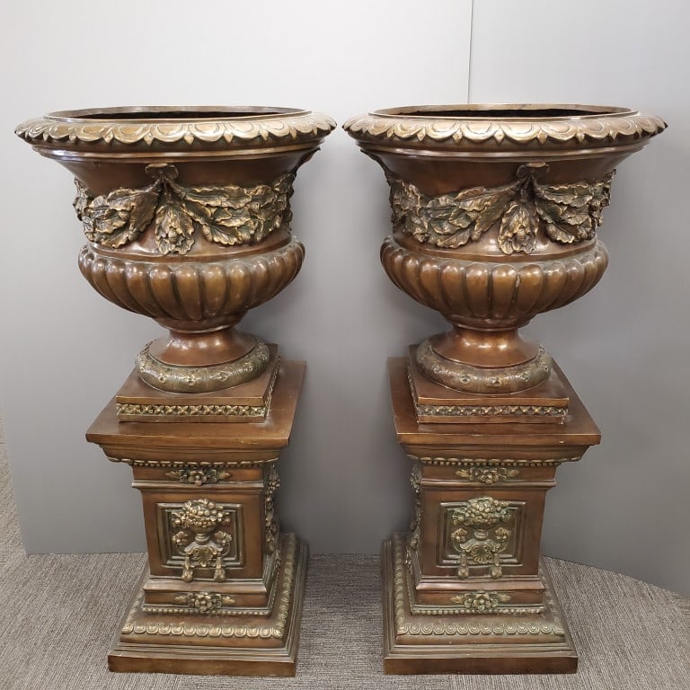 Pair monumental ornate bronze 2-piece urns on pedestals- 48 1/2"H 24"W assembled O.D. (115 lbs each (1 of 12)