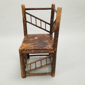 Antique hickory corner chair w/ original leather: Virginia MN provenance (some as seen- bark loss)