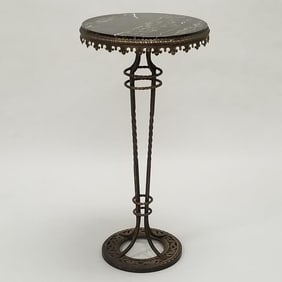 Antique Deco ornate iron marble top stand: 31 1/2"H 15 1/2"D