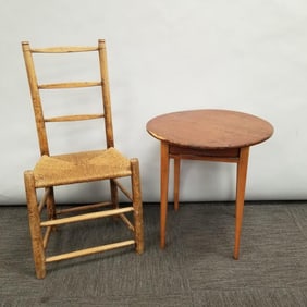 Antique primitive pine 1-drawer table- 22 1/2"H 22"Dia & primitive ladder-back chair 37"H