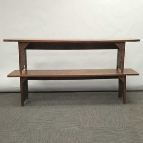 Pair vintage plank seat benches with pegs & carved leaf motif- 72 1/2" widest; 19 1/2" tallest 15"D