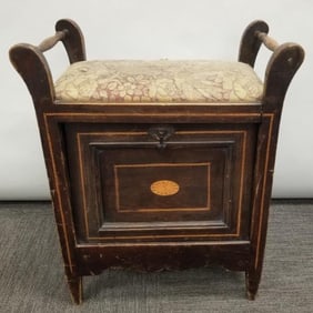 Antique inlaid bench with pull-out magazine holder (as seen) 25 1/4"H 21 3/4"W 13"D