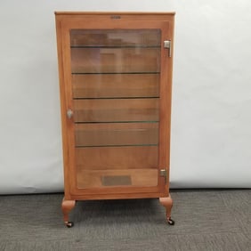 Vintage painted metal & beveled glass medical cabinet with Hospital Supply Co. brass tag with key-