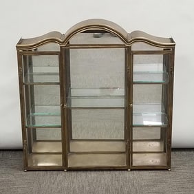 3'T Brass & glass tabletop vitrine with shelves: 35 1/2"H 35"W 9"D (missing top 3 arch glass panels)