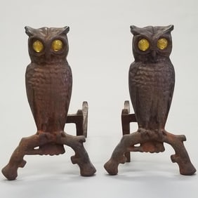 Pair antique cast iron owl andirons with glass eyes- 13"H 8"W 17 1/2"D