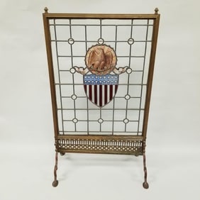 Antique brass & leaded glass fire screen with jewels & painted patriotic motif (as seen- 4 glass
