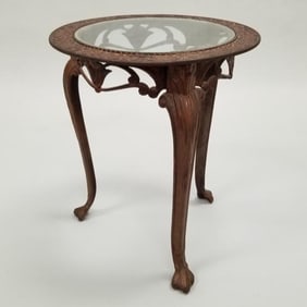 Ornate cast iron & glass top table- 19"H 15 1/2"D
