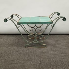 Antique Deco metal & tile top table- 19"H 31 3/4"W 12 1/4"D