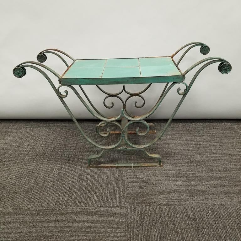 Antique Deco metal & tile top table- 19"H 31 3/4"W 12 1/4"D (1 of 5)