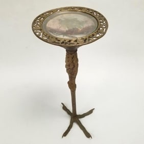 Antique brass ostrich leg table with hand painted scenic top- 30"H 13 1/2"W