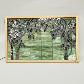 Antique stained & leaded glass tree motif window: (as seen- cracked) 21 1/2"H 33 1/4"W new frame