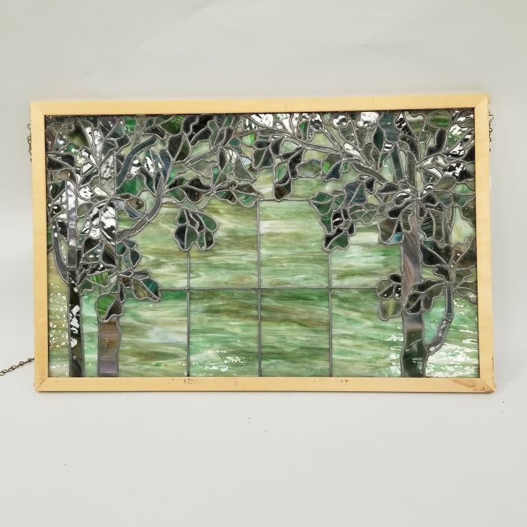 Antique stained & leaded glass tree motif window: (as seen- cracked) 21 1/2"H 33 1/4"W new frame (1 of 12)
