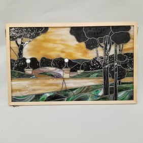 Witte Brothers (attribution) stained & leaded glass scenic window- 23 1/2" 37 1/4"W new frame