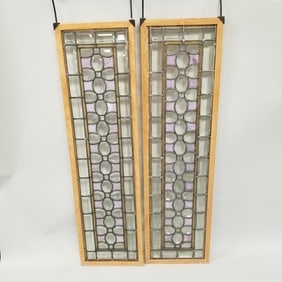 Pair stained & beveled leaded glass windows: new frames & hooks- 52 3/4" overall height including