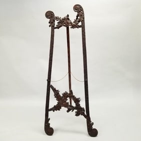 Antique carved oak easel with acorn & oak leaf motif- 63 1/2"H 25 1/2"W (new chain & stretcher