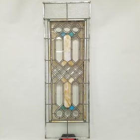 Stained & leaded glass window- 59 1/4" x 20" (slightly bent, some cracks)