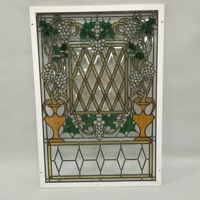 Antique stained, beveled & leaded glass window: grape & urn motif (newer frame surround) 44"H 30