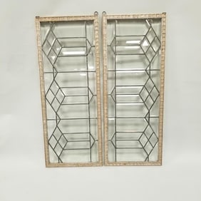 Pair antique leaded & beveled glass windows: (new frame surrounds) 16" x 40" OD