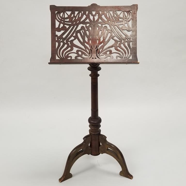 Antique wood adjustable music stand with fretwork: 46 1/2"H lowest height 21"W (1 of 14)