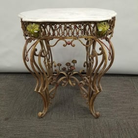 Vintage ornate wrought iron marble top table- 30 3/4"H 27 1/2"W 24"D