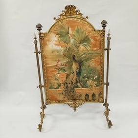 Antique ornate brass fire screen w/ painted silk peacock motif (as seen) 48 1/2"H 30 1/2"W 13 1/2"D